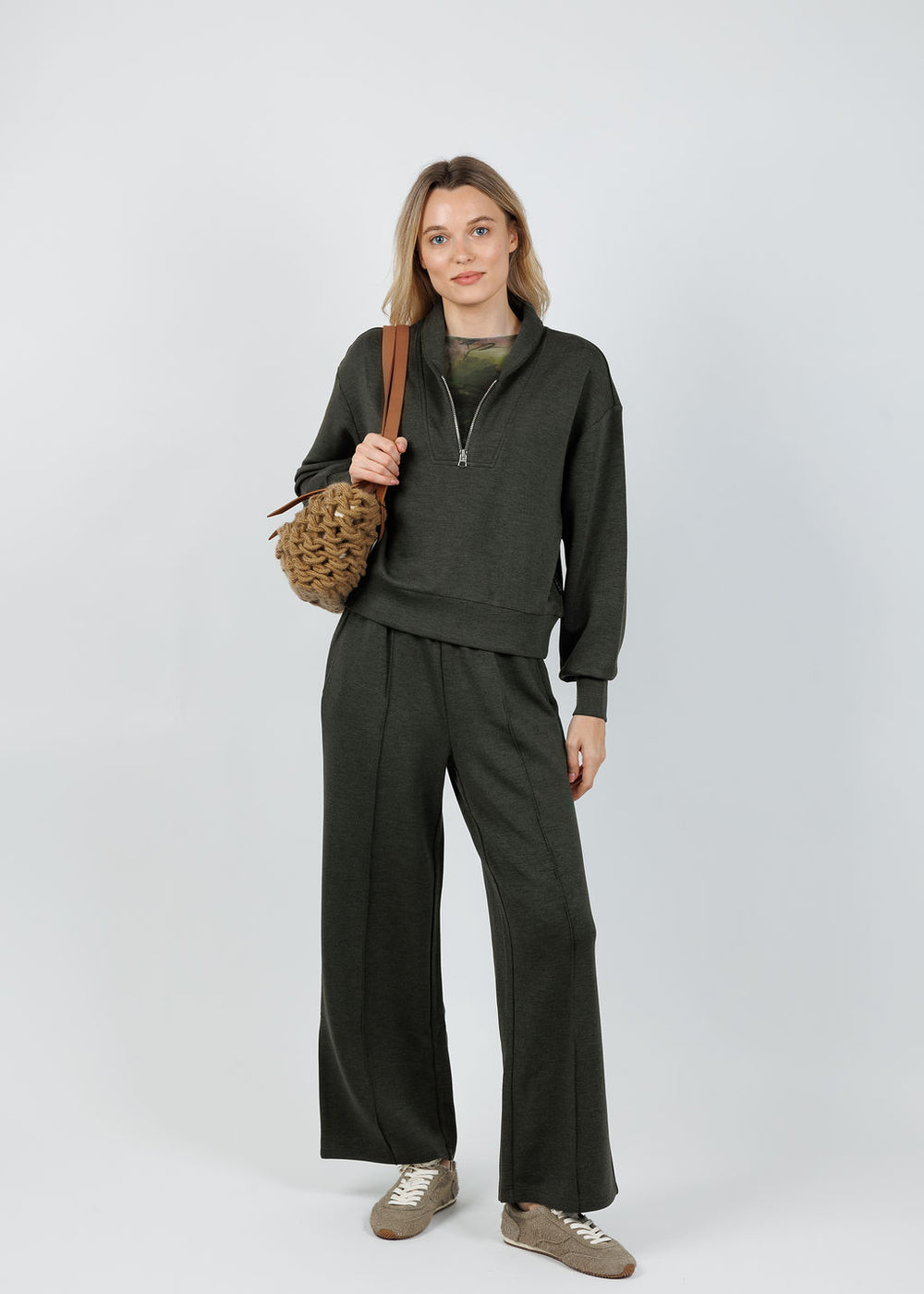 Varley Davidson Sweat in Olive Marl paired with matching Varley The Wide Leg Pants 28" in Olive Marl available at Barbara Katz