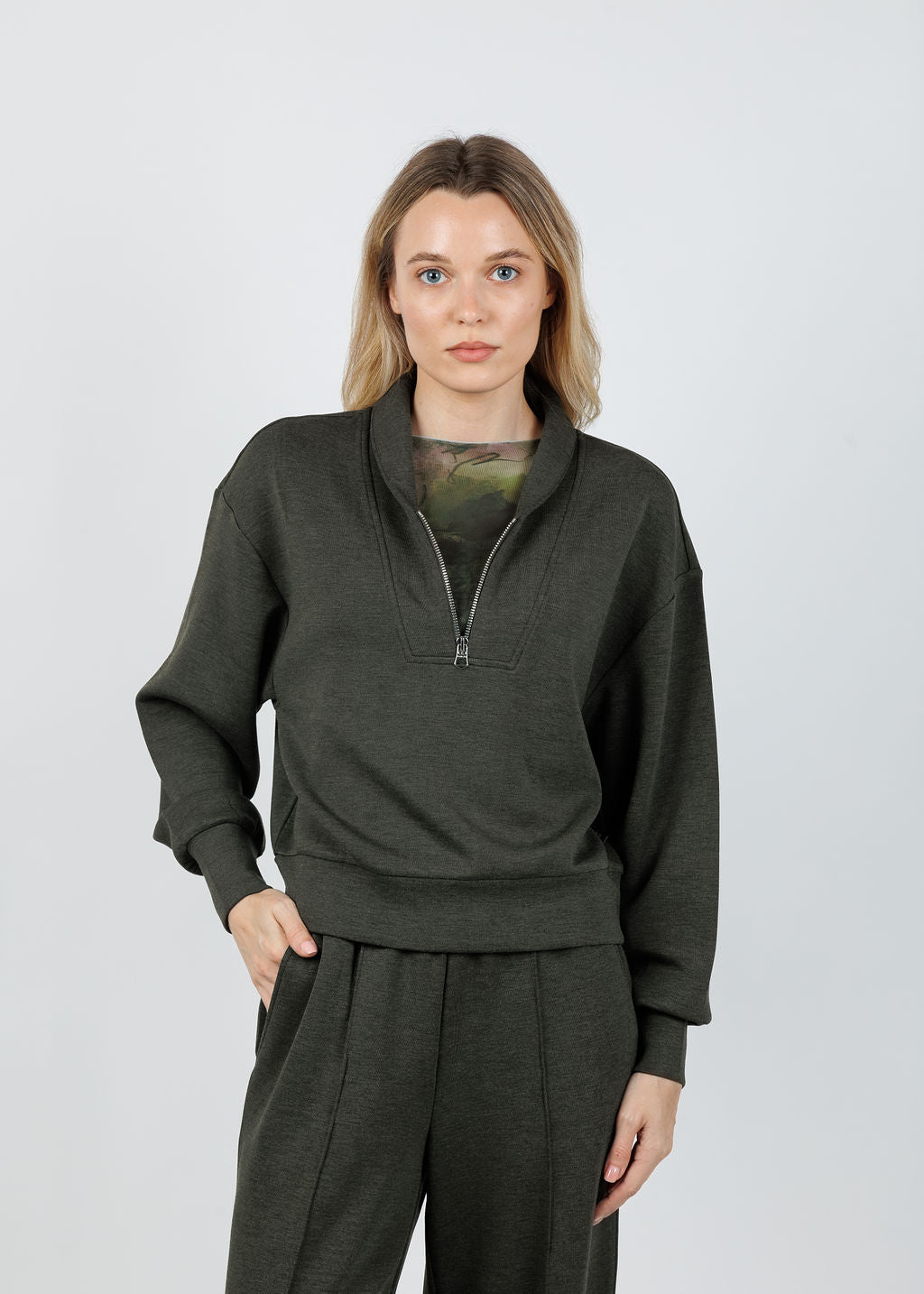 Varley Davidson Sweat in Olive Marl available at Barbara Katz