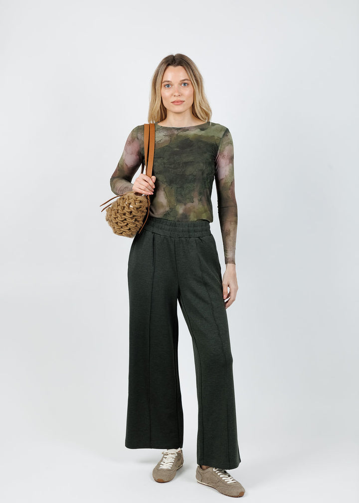 AMB Florence Double Sheer Top in Moss Eden paired with Varley The Wide Leg Pants 28" in Olive Marl available at Barbara Katz
