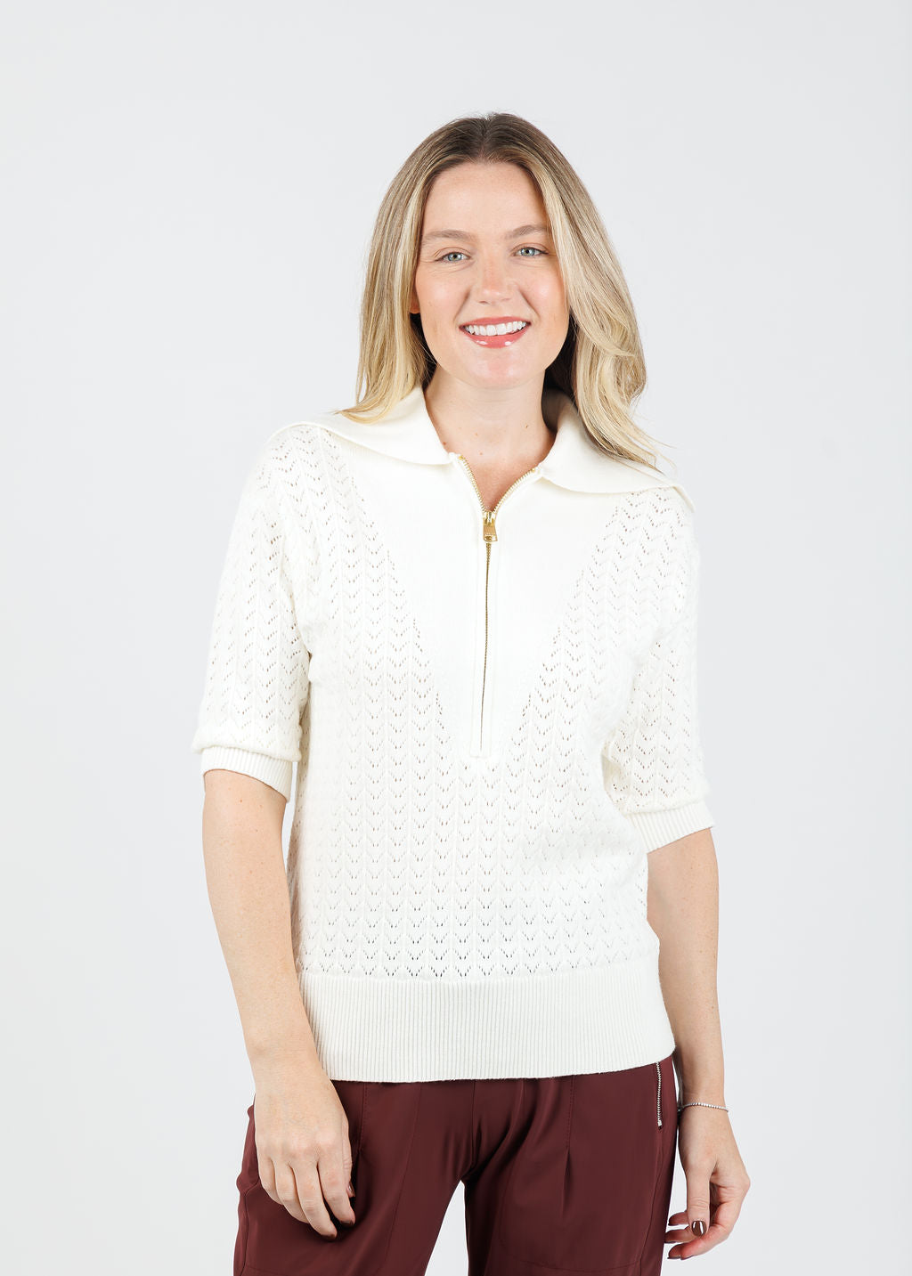 Varley Arney Half Zip Knit Polo Sweater in Egret available at Barbara Katz