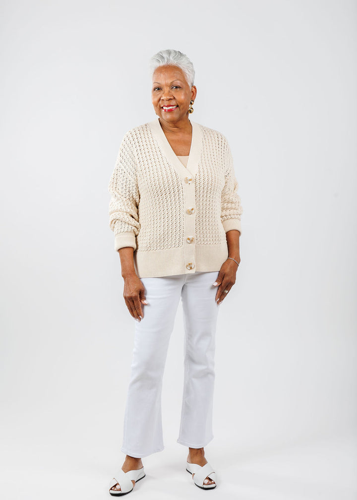 Varley Astell Relaxed Knit Cardigan in Birch paired with Pistola Lennon High Rise Crop Boot Jeans in Vivid White available at Barbara Katz