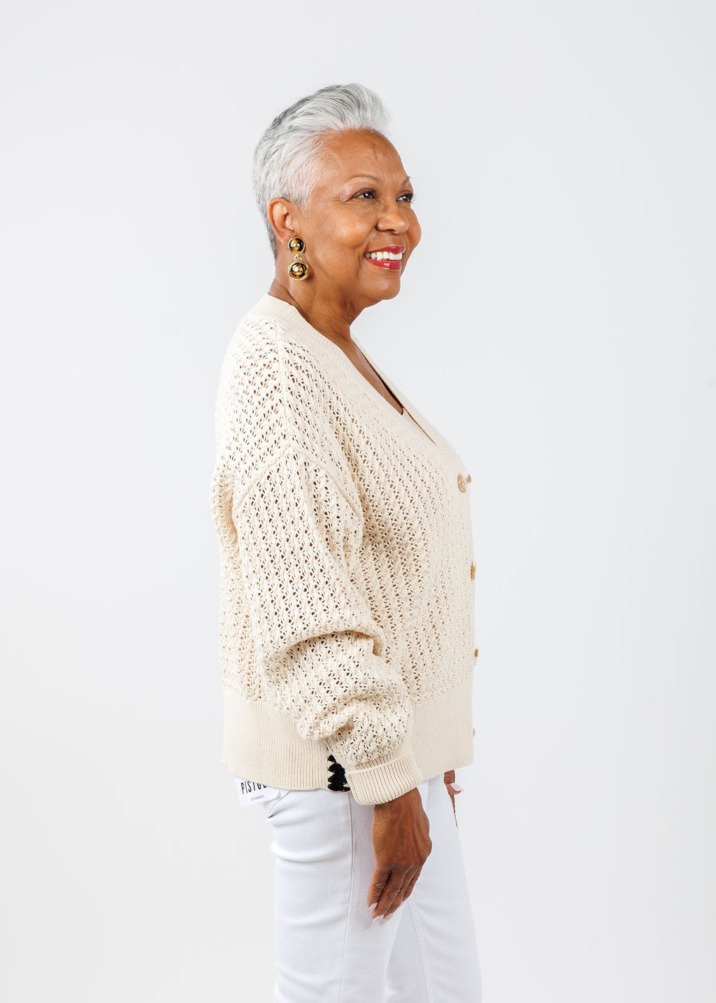 Varley Astell Relaxed Knit Cardigan in Birch paired with Pistola Lennon High Rise Crop Boot Jeans in Vivid White available at Barbara Katz