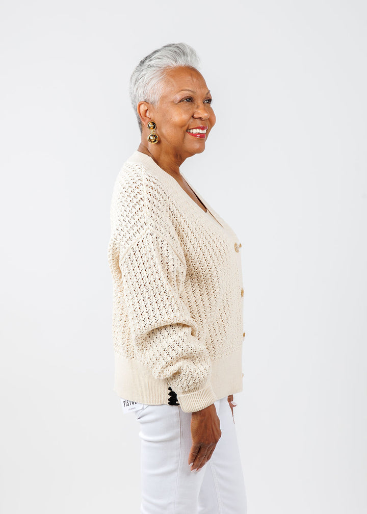Varley Astell Relaxed Knit Cardigan in Birch paired with Pistola Lennon High Rise Crop Boot Jeans in Vivid White available at Barbara Katz