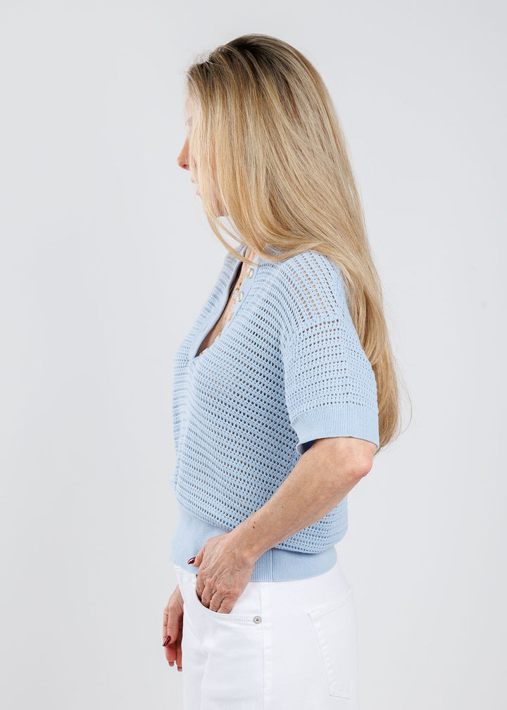 Varley Callie Short Sleeve Knit Top in Cashmere Blue available at Barbara Katz