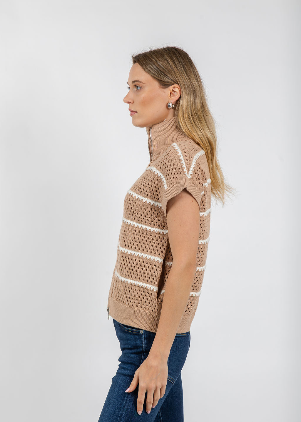 Varley Haney Zip Through Knit in Light Taupe available at Barbara Katz