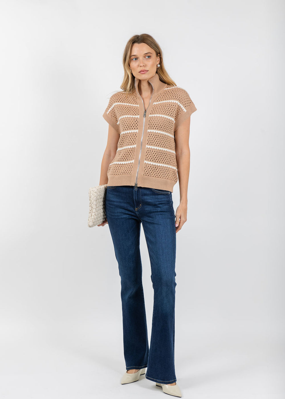 Varley Haney Zip Through Knit in Light Taupe available at Barbara Katz