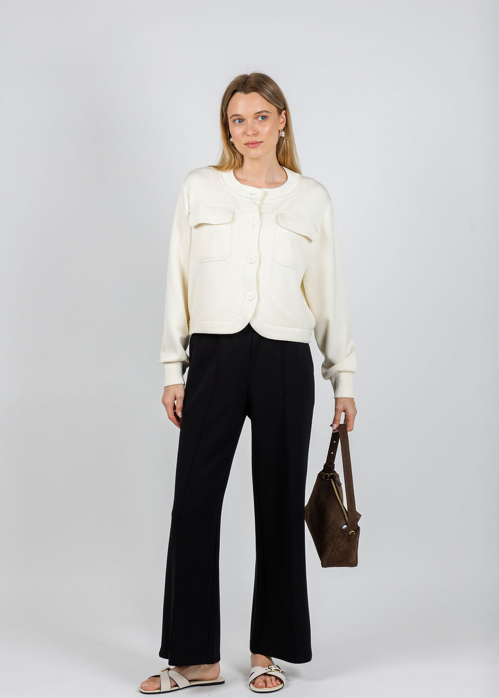 Varley Hartwell Button Through Sweat in Pristine paired with Varley The Wide Leg Pants 28" in Black available at Barbara Katz