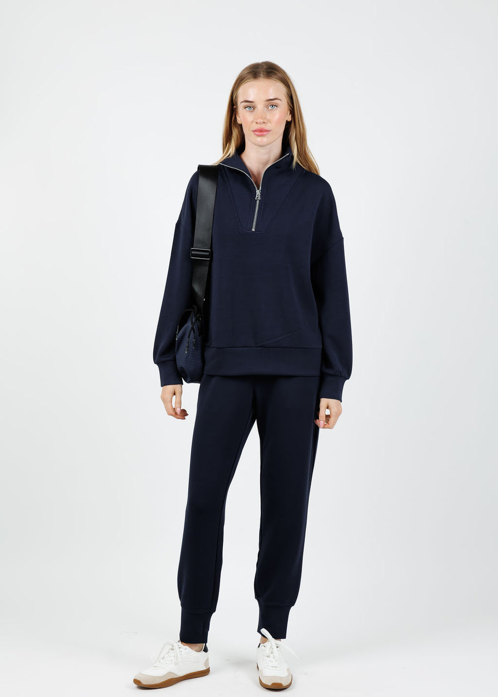 Varley Hawley Half-Zip Sweat in Navy  paired with matching The Slim Cuff Pants 27.5" available at Barbara Katz