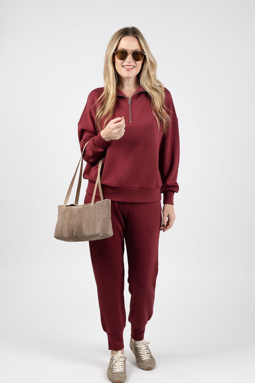 Varley Hawley Half-Zip Sweat in New Maroon paired with matching The Slim Cuff Pants 27.5" in New Maroon available at Barbara Katz