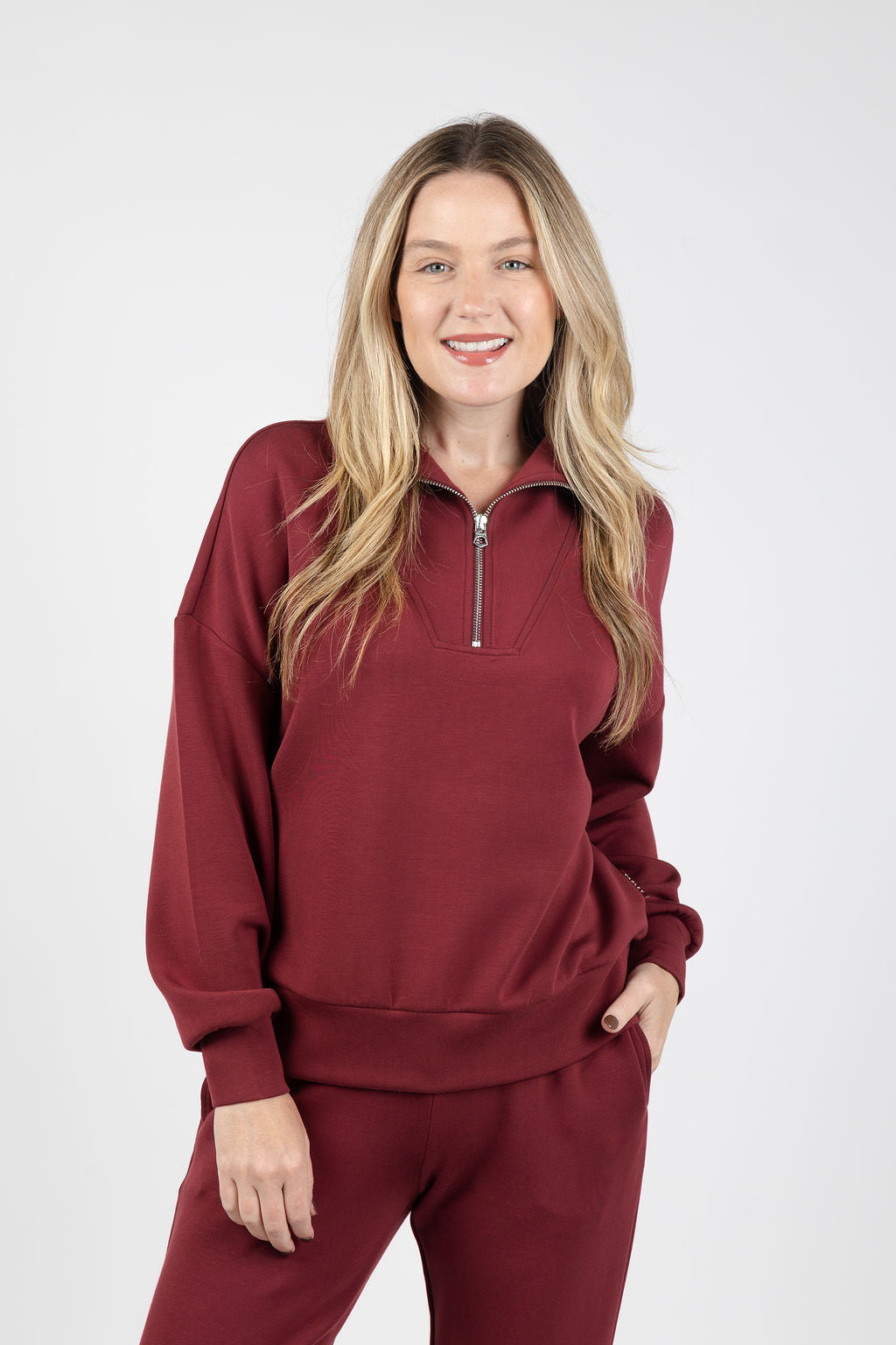 Varley Hawley Half-Zip Sweat in New Maroon available at Barbara Katz