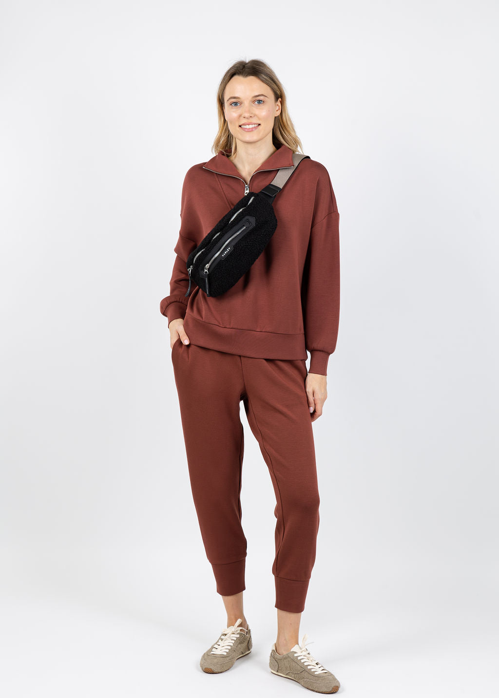 Varley Hawley Half-Zip Sweat and The Slim Cuff Pants 25" in Cinnamon available at Barbara Katz