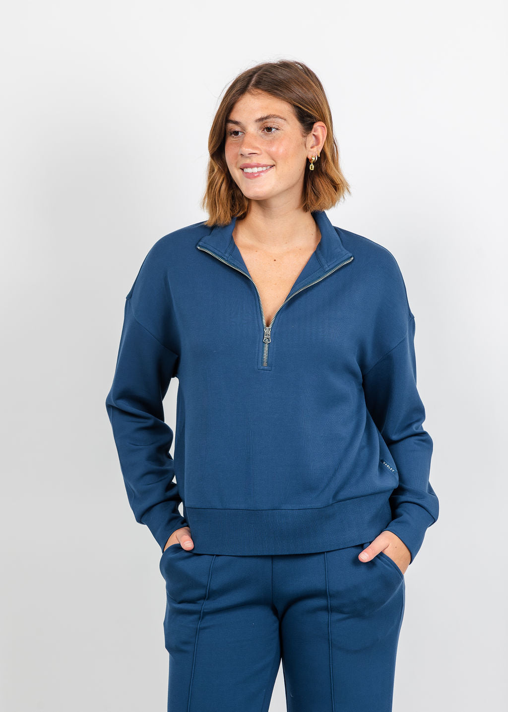 Varley Mavis Mock Neck Sweat - Sea Blue available at Barbara Katz