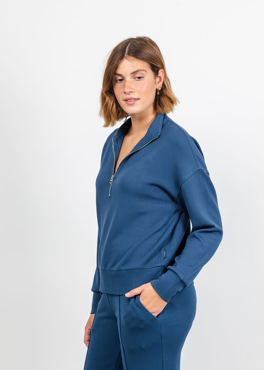 Varley Mavis Mock Neck Sweat - Sea Blue available at Barbara Katz