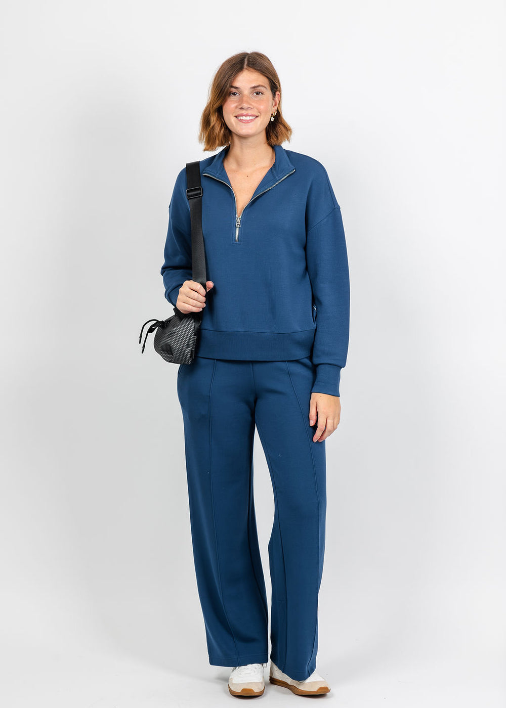 Varley Mavis Mock Neck Sweat and The Wide Leg Pant 30" - Sea Blue available at Barbara Katz