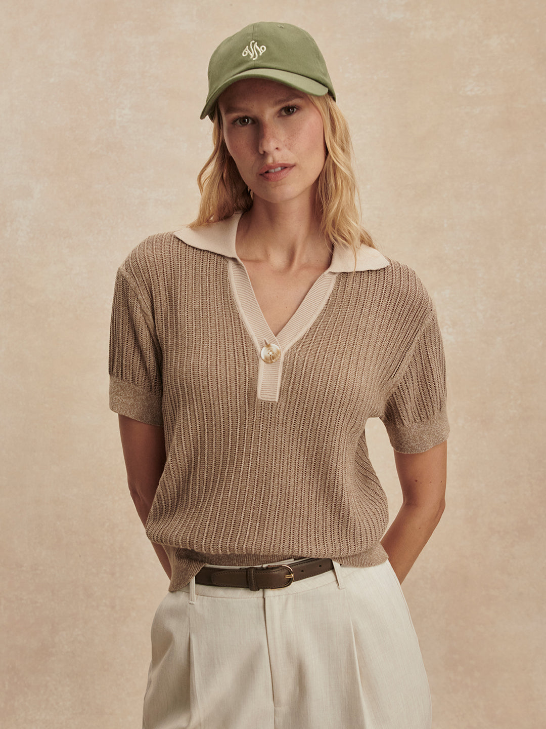 Varley Perrine Knit Polo in Sepia Twist available at Barbara Katz