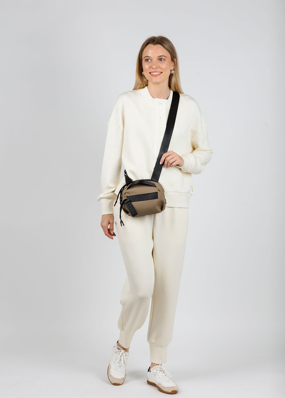 Varley Reena Button Front Sweat in Pristine paired with the matching The Slim Cuff Pants 25" available at Barbara Katz