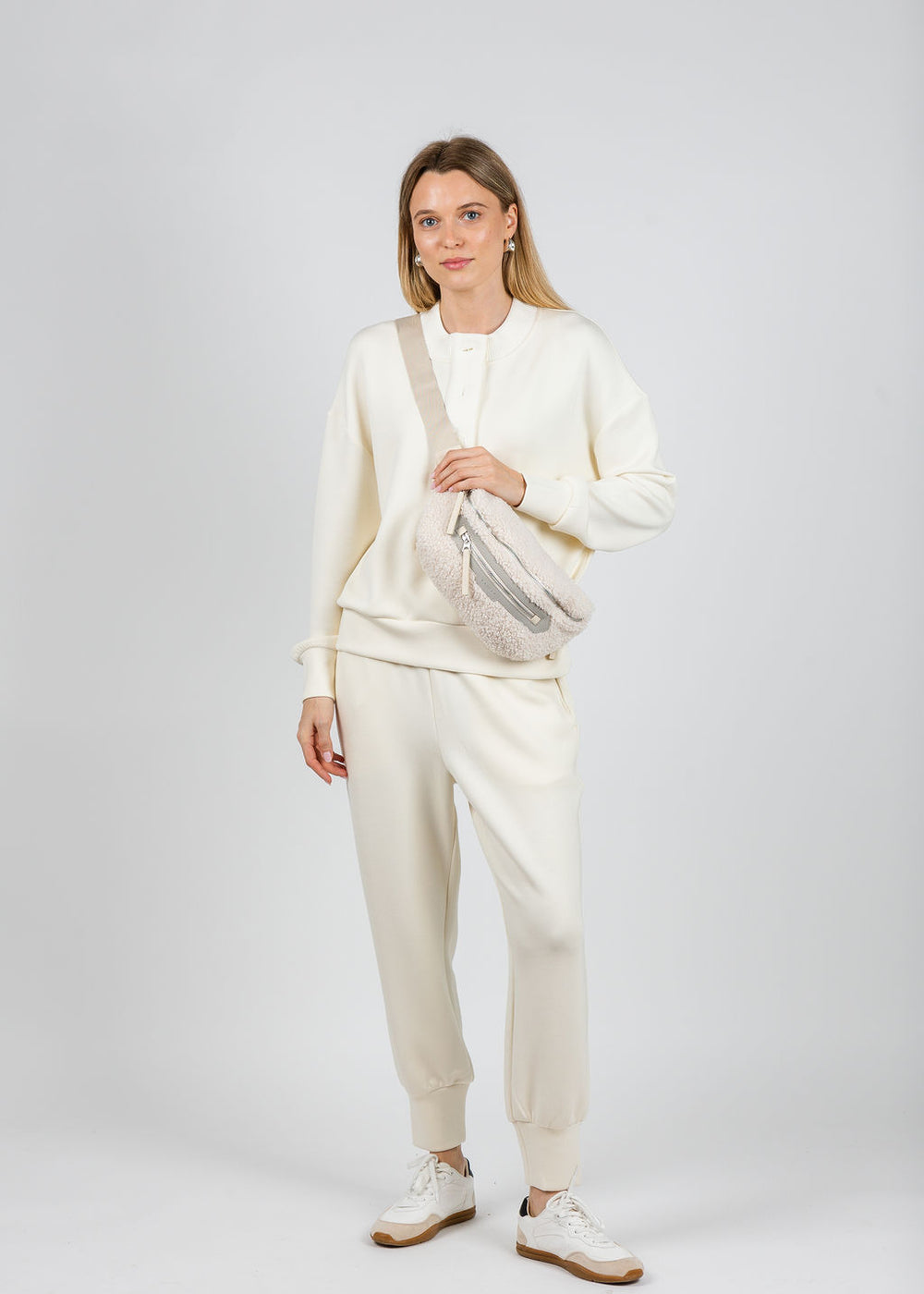 Varley Reena Button Front Sweat in Pristine paired with the matching The Slim Cuff Pants 25" available at Barbara Katz