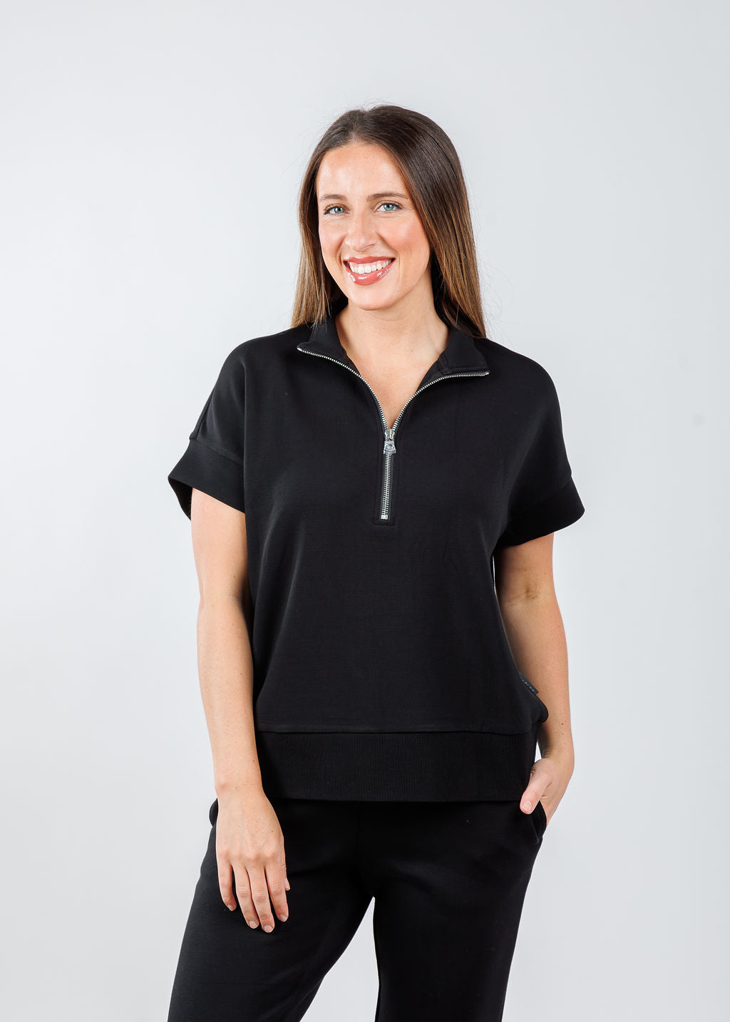 Varley Ritchie Short Sleeve Sweatshirt in Black available at Barbara Katz