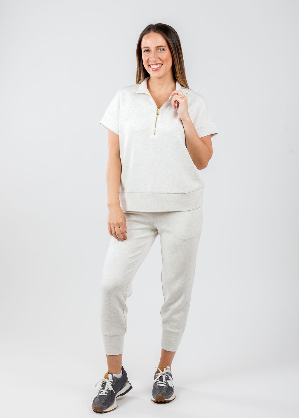 Varley Ritchie Short Sleeve Sweatshirt in Ivory Marl paired with Varley The Slim Cuff Pants 25" in Ivory Marl available at Barbara Katz 