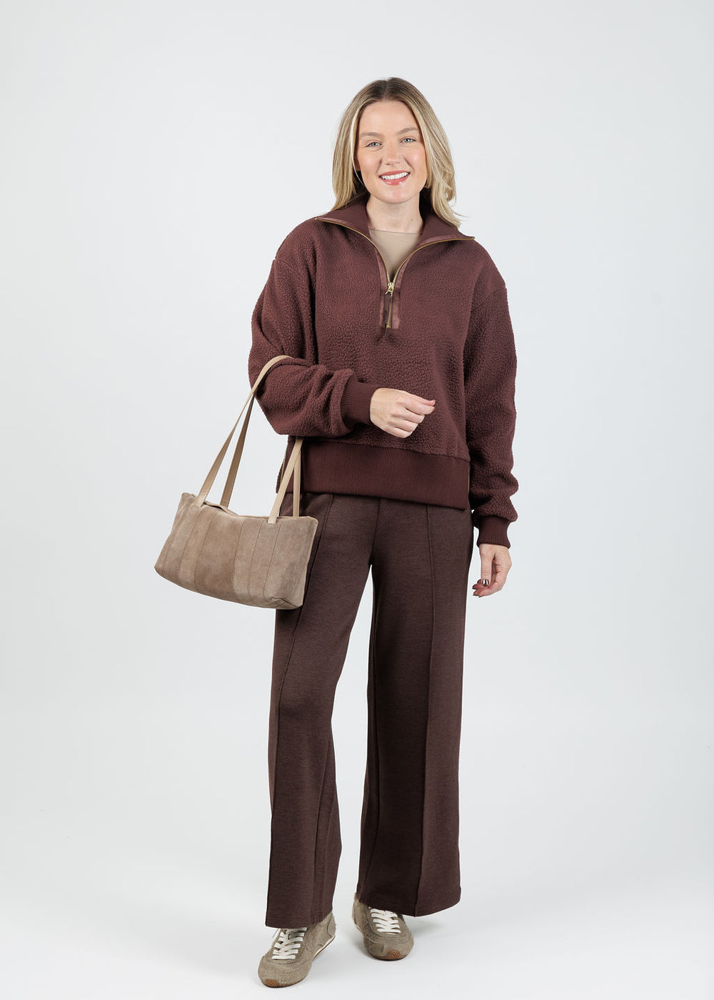 Varley Roselle Half-Zip Fleece Sweater in Deep Mahogany paired with The Wide Leg Pants 28" in Coffee Bean Marl available at Barbara Katz