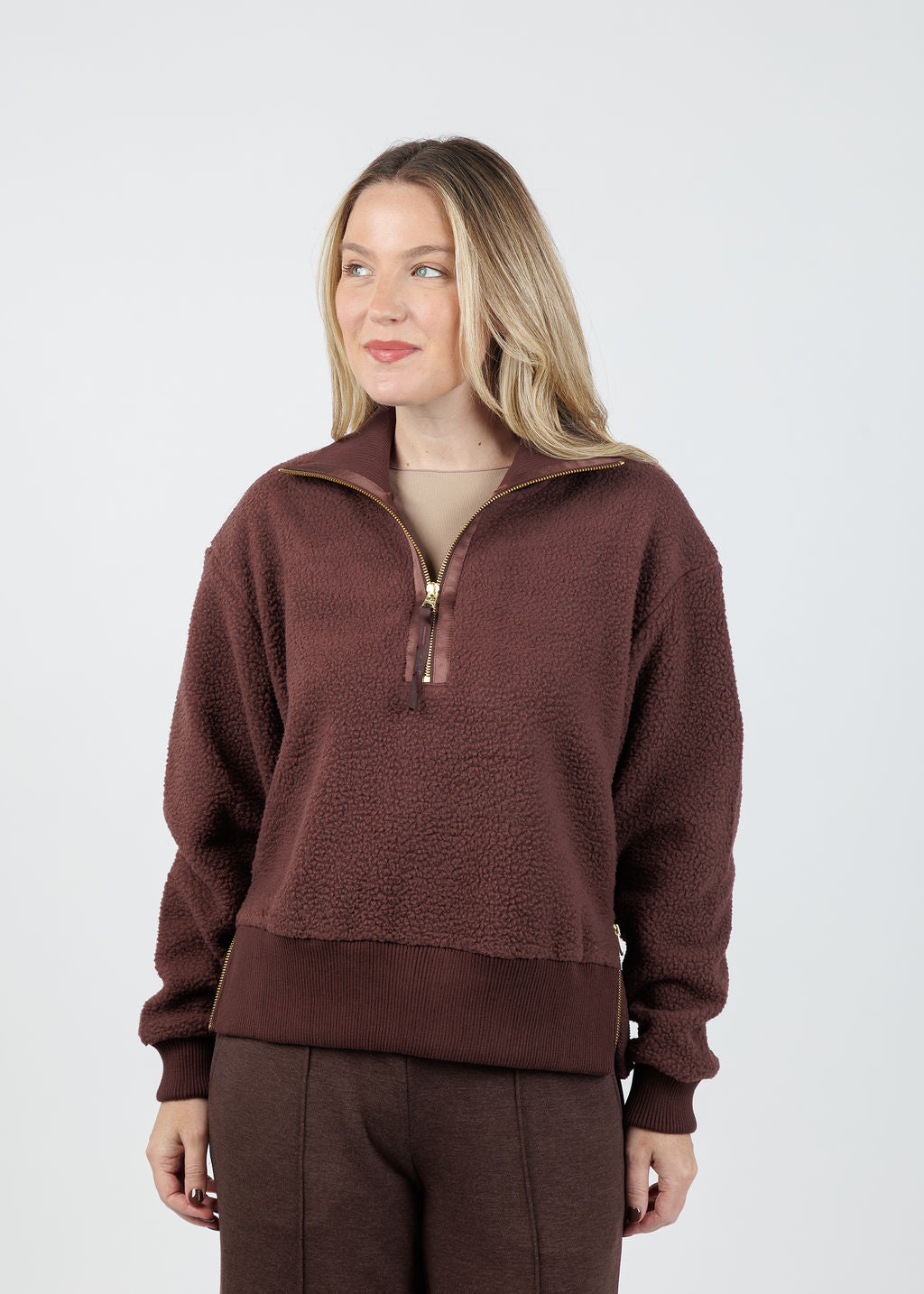 Varley Roselle Half-Zip Fleece Sweater in Deep Mahogany available at Barbara Katz