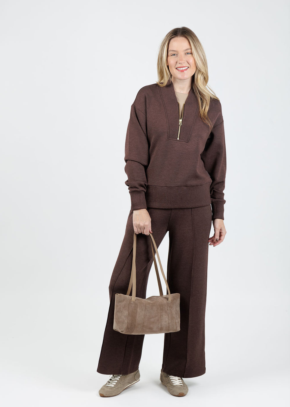 Varley Sally Half-Zip Sweat in Coffee Bean Marl paired with matching The Wide Leg Pants 28" in Coffee Bean Marl available at Barbara Katz