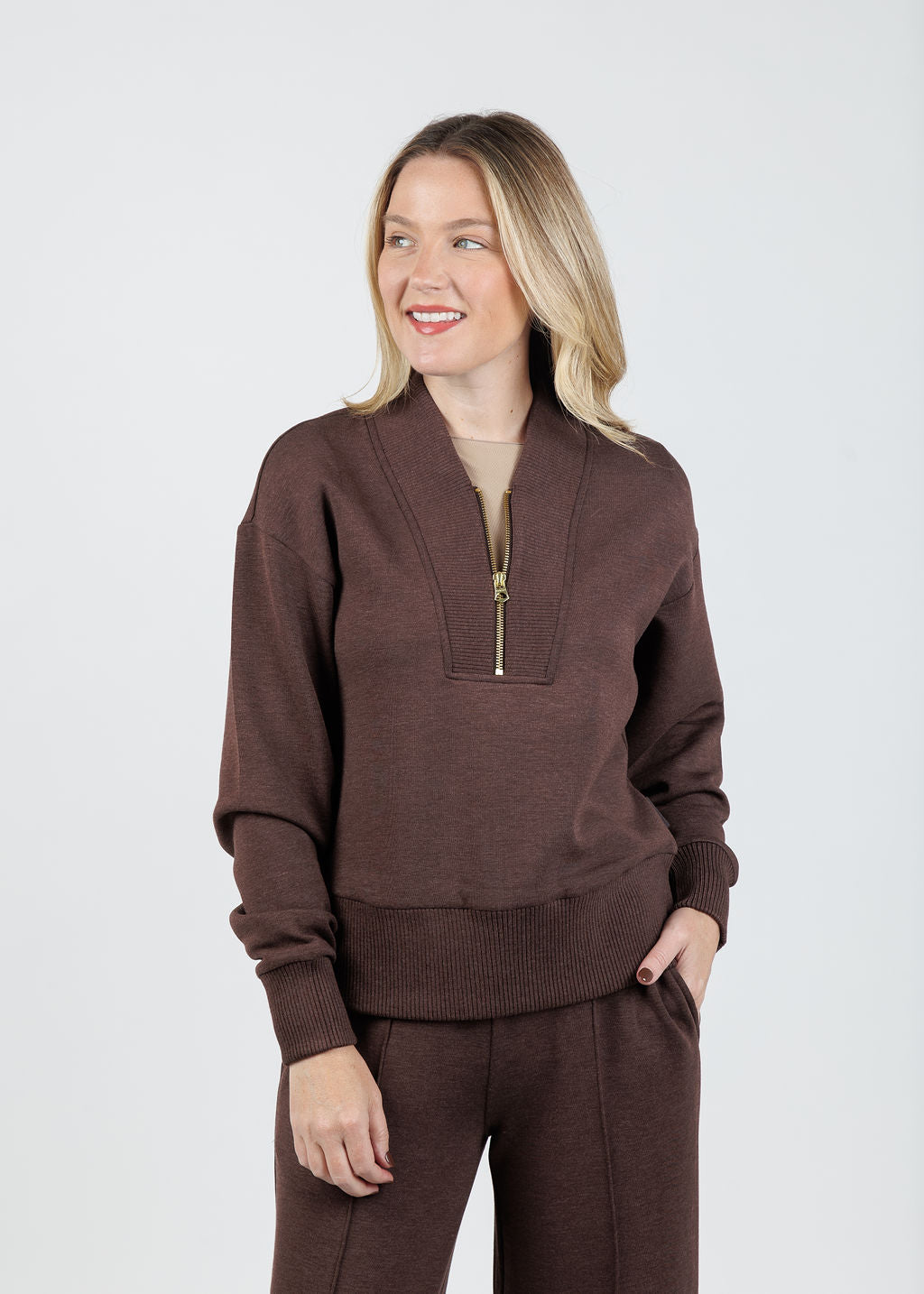 Varley Sally Half-Zip Sweat in Coffee Bean Marl available at Barbara Katz