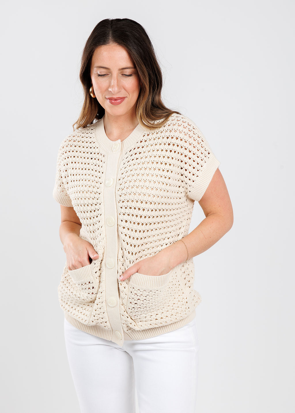 Varley Sidra Button-Through Vest Sweater in Birch available at Barbara Katz