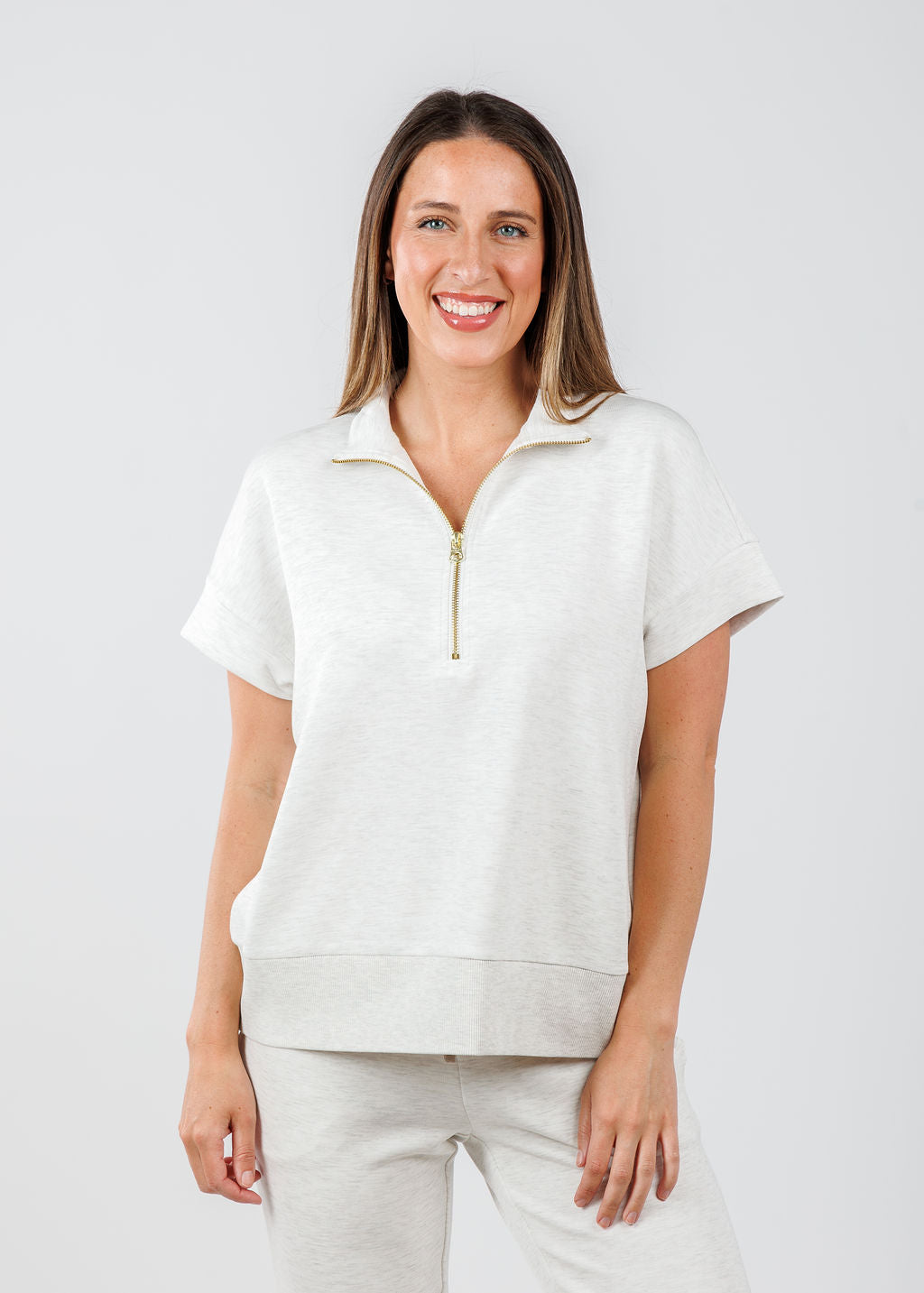 Varley Ritchie Short Sleeve Sweatshirt in Ivory Marl available at Barbara Katz 