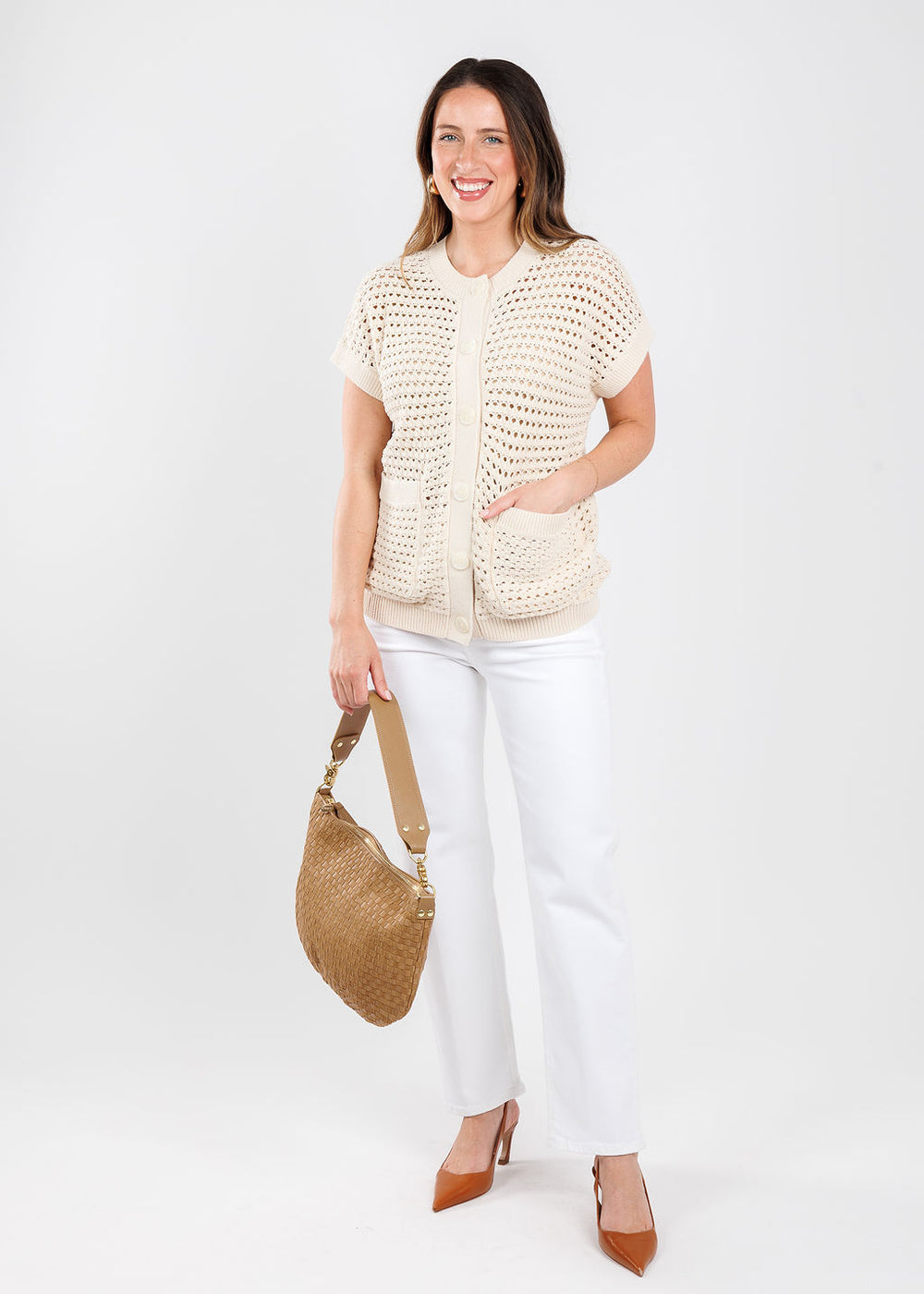 Varley Sidra Button-Through Vest in Birch paired with Frame Le Slim Palazzo Jeans in White, Clare V Moyen Messenger Bag in Clay Leather & Suede Woven Checker available at Barbara Katz