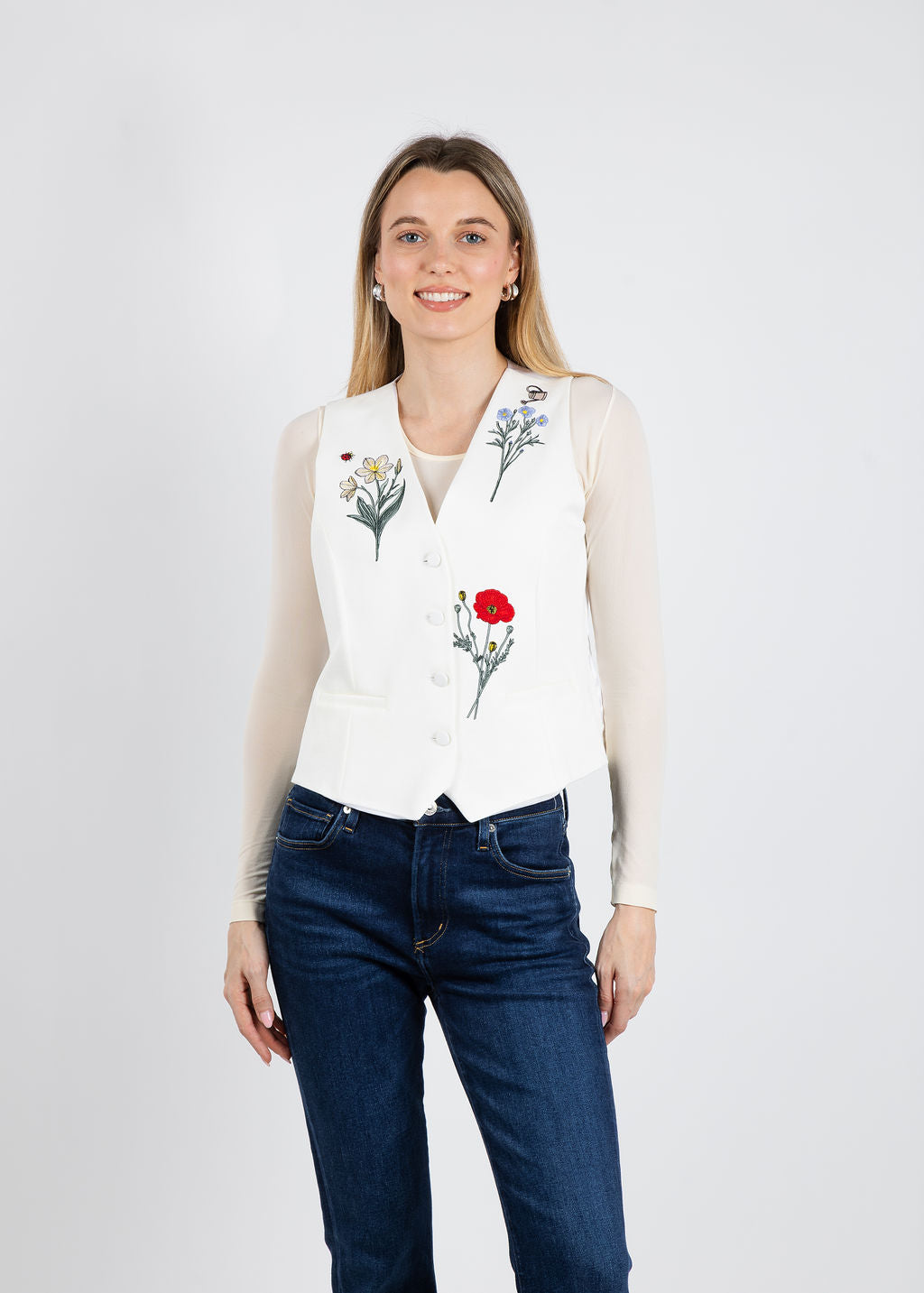 Vilagallo Agata Crepe Vest in Blanco Flowers available at Barbra Katz