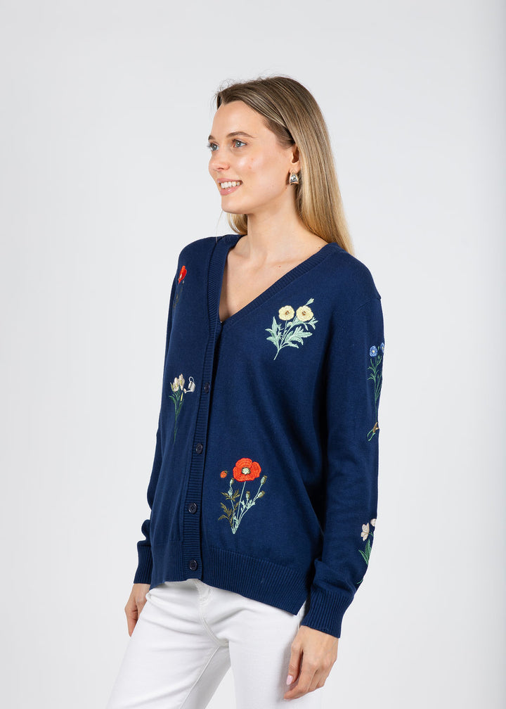 Vilagallo Botanico Embroidered Cardigan in Navy available at Barbara Katz