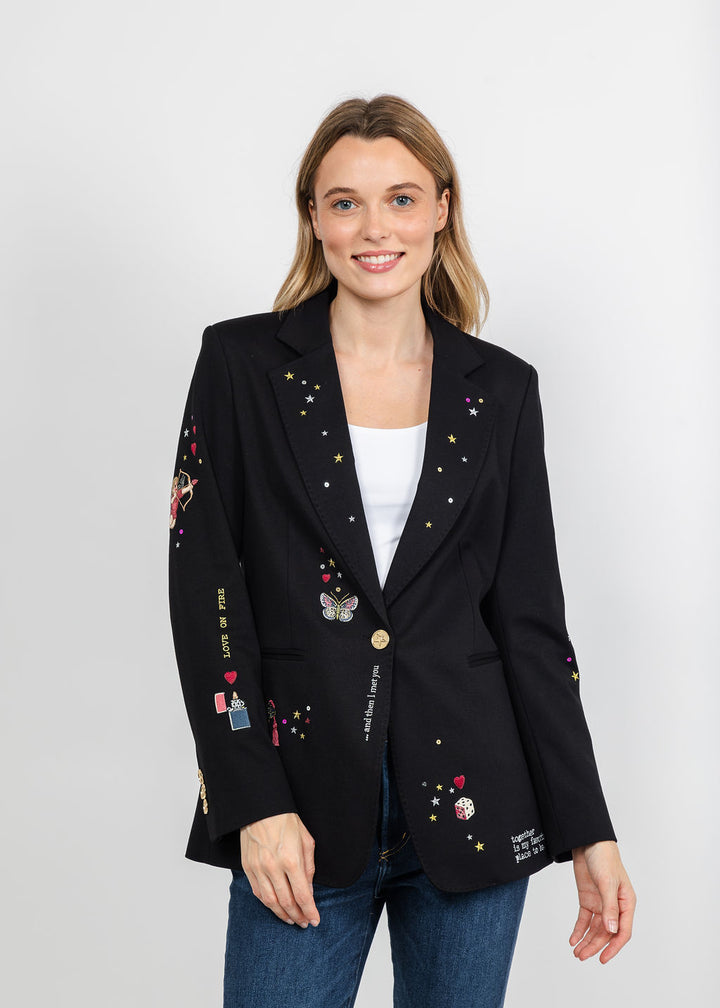 Vilagallo Cupid Patched &amp; Embroidered Jacket - Black available at Barbara Katz