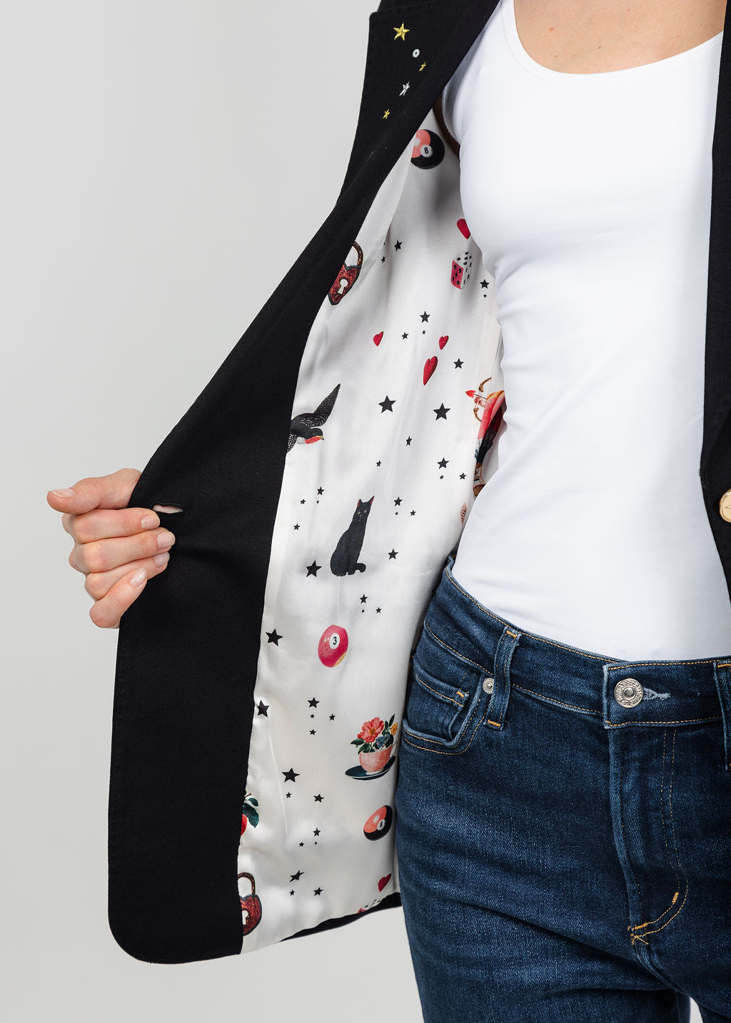 Vilagallo Cupid Patched &amp; Embroidered Jacket - Black available at Barbara Katz