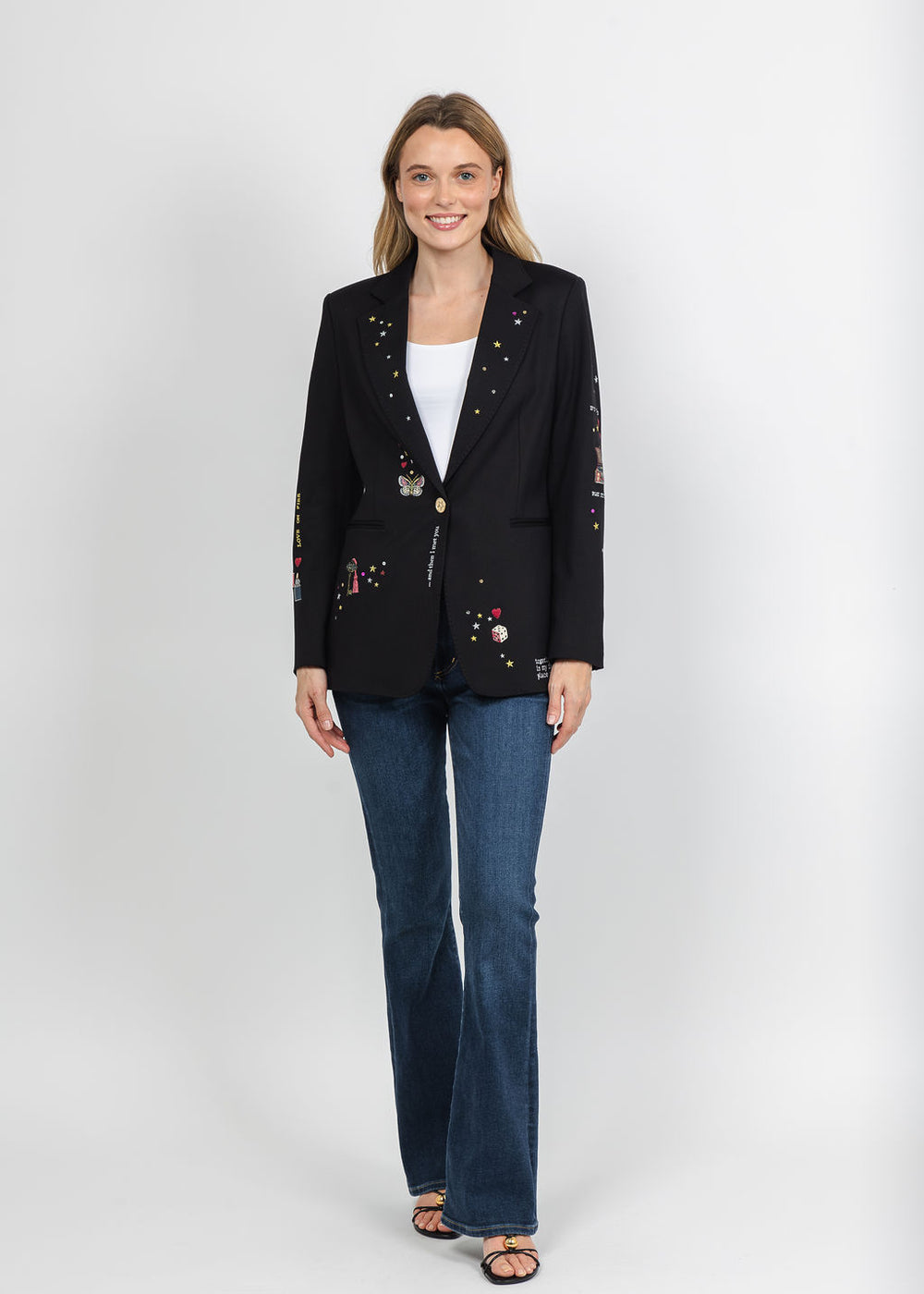 Vilagallo Cupid Patched & Embroidered Jacket - Black available at Barbara Katz