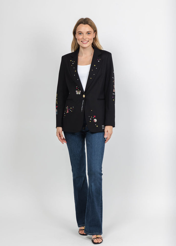 Vilagallo Cupid Patched &amp; Embroidered Jacket - Black available at Barbara Katz