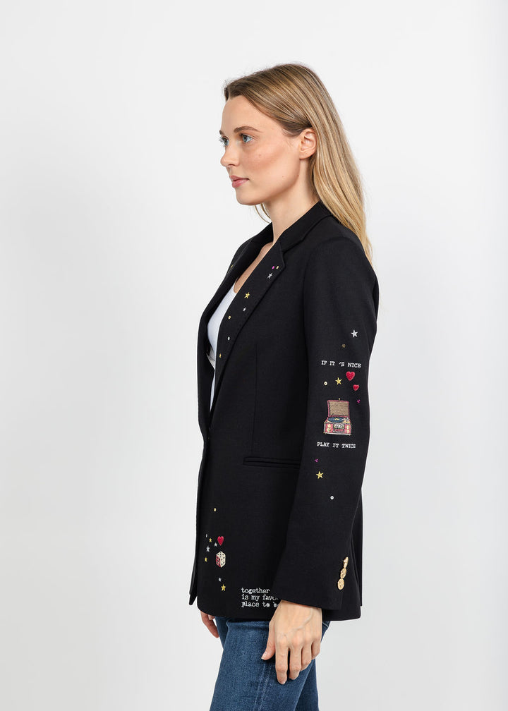 Vilagallo Cupid Patched &amp; Embroidered Jacket - Black available at Barbara Katz