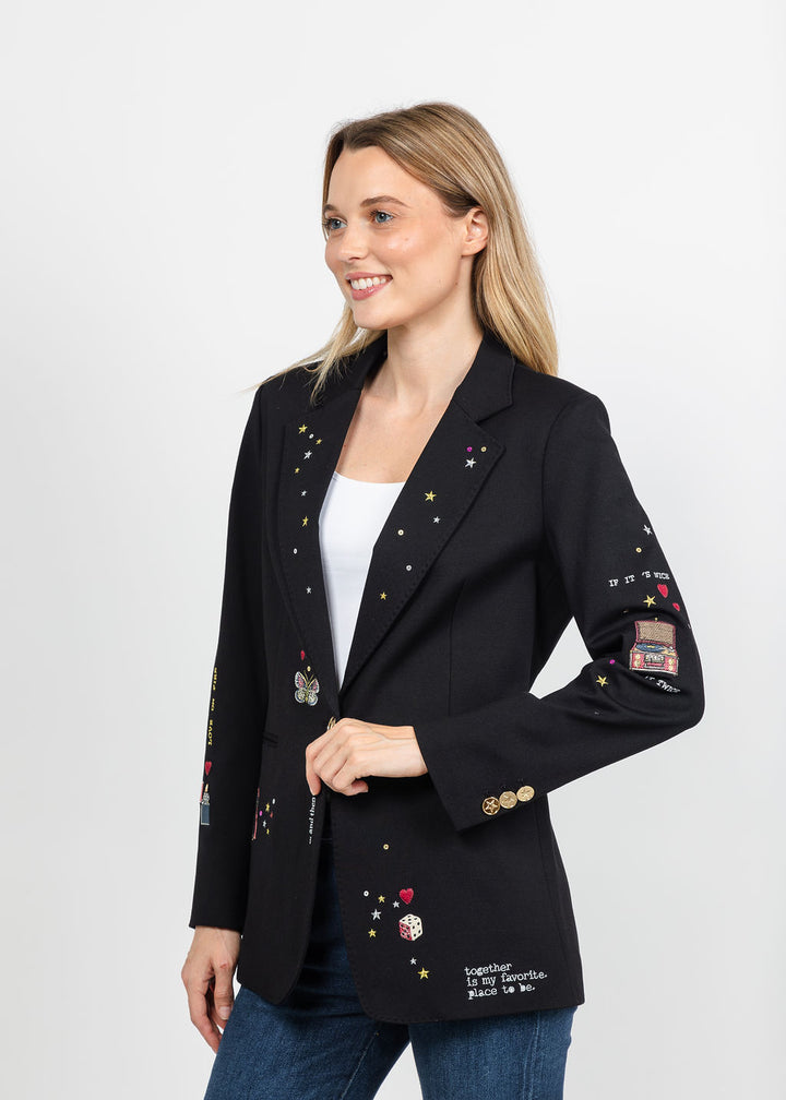 Vilagallo Cupid Patched &amp; Embroidered Jacket - Black available at Barbara Katz
