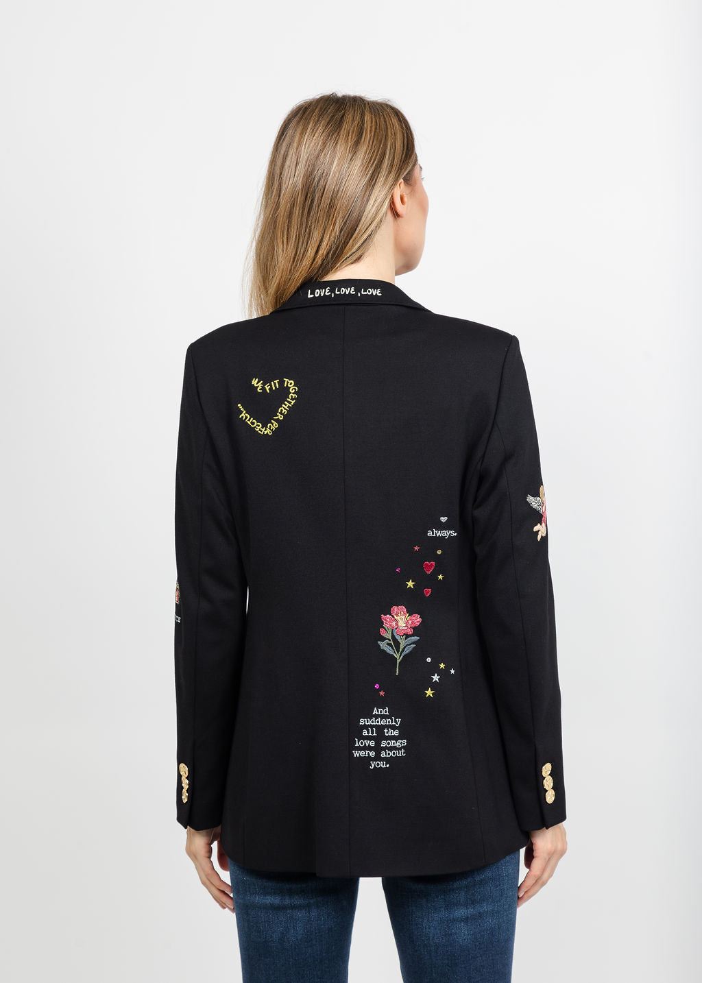 Vilagallo Cupid Patched &amp; Embroidered Jacket - Black available at Barbara Katz