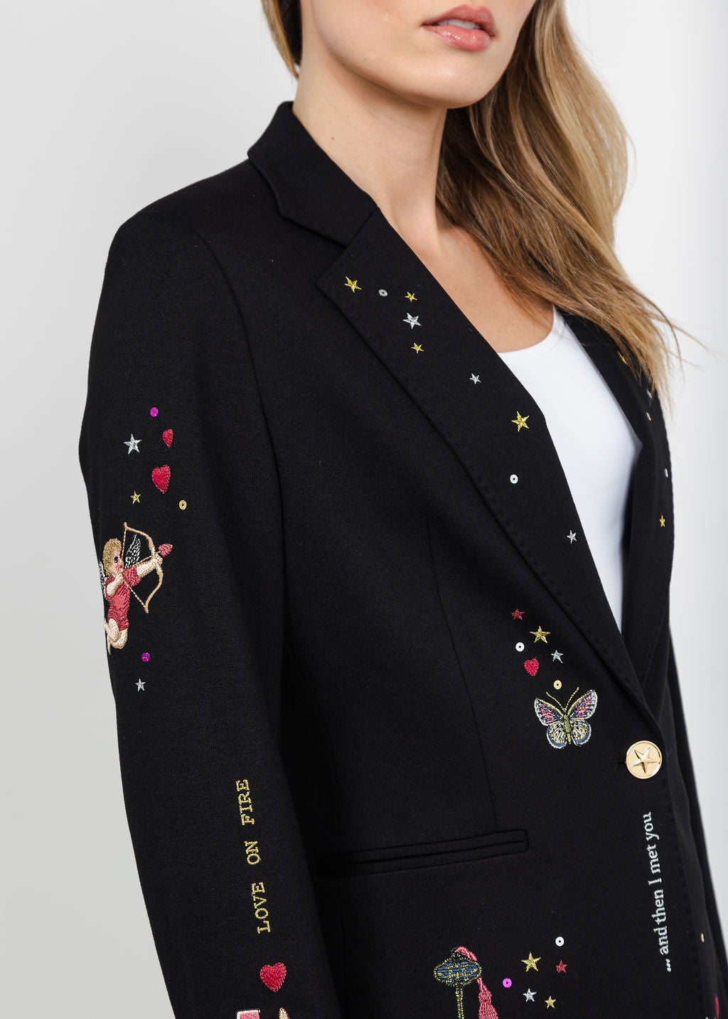 Vilagallo Cupid Patched &amp; Embroidered Jacket - Black available at Barbara Katz