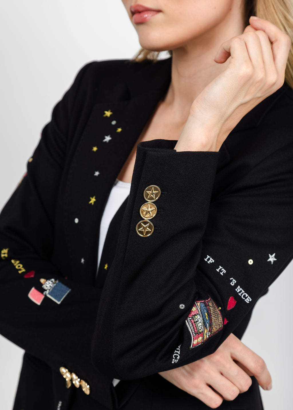 Vilagallo Cupid Patched &amp; Embroidered Jacket - Black available at Barbara Katz