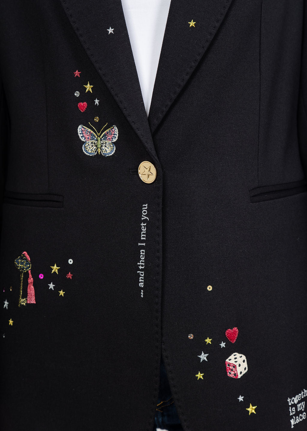 Vilagallo Cupid Patched &amp; Embroidered Jacket - Black available at Barbara Katz