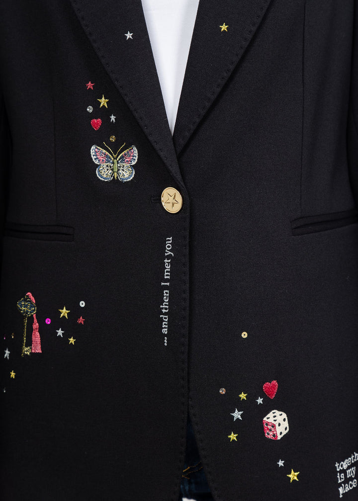 Vilagallo Cupid Patched &amp; Embroidered Jacket - Black available at Barbara Katz