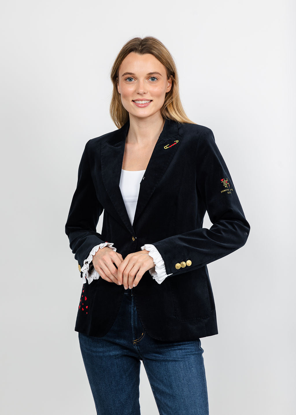 Vilagallo Heart Embroidered Jacket with Ruffle Sleeve - Navy available at Barbara Katz