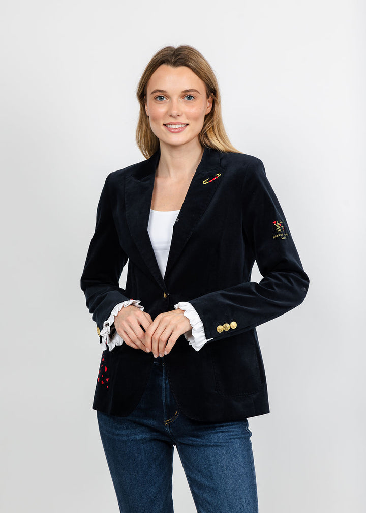 Vilagallo Heart Embroidered Jacket with Ruffle Sleeve - Navy available at Barbara Katz