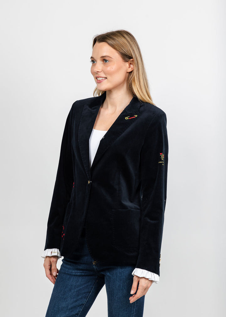 Vilagallo Heart Embroidered Jacket with Ruffle Sleeve - Navy available at Barbara Katz