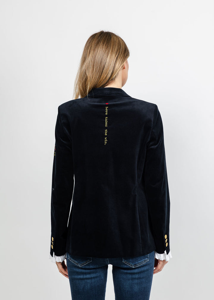 Vilagallo Heart Embroidered Jacket with Ruffle Sleeve - Navy available at Barbara Katz