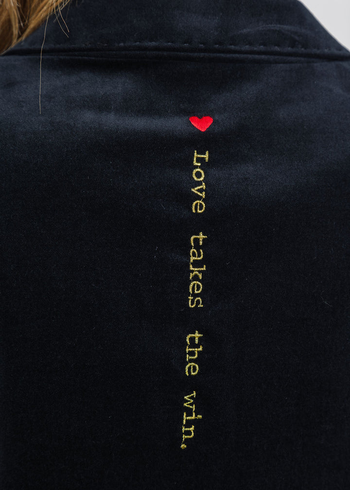 Vilagallo Heart Embroidered Jacket with Ruffle Sleeve - Navy available at Barbara Katz