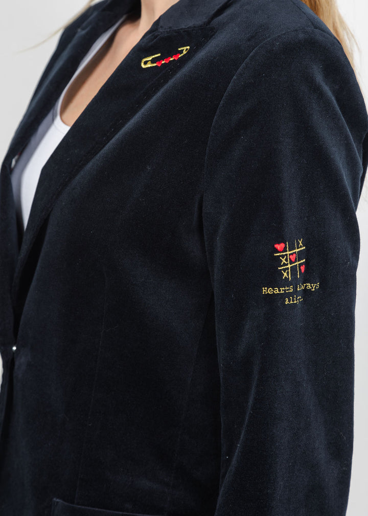 Vilagallo Heart Embroidered Jacket with Ruffle Sleeve - Navy available at Barbara Katz