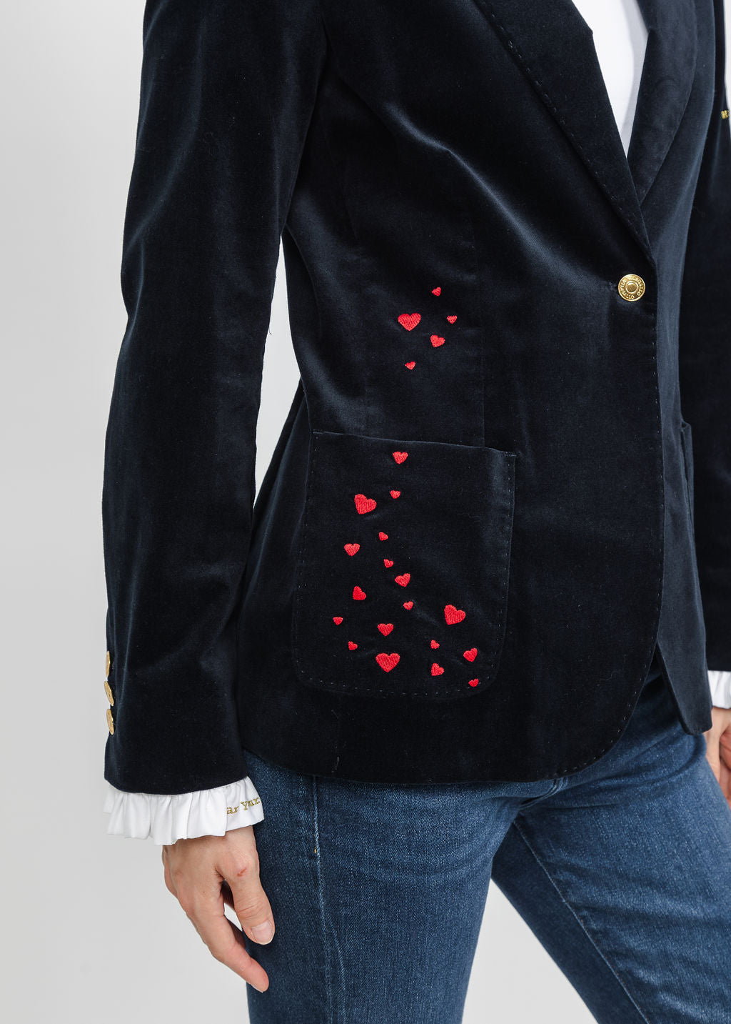 Vilagallo Heart Embroidered Jacket with Ruffle Sleeve - Navy available at Barbara Katz